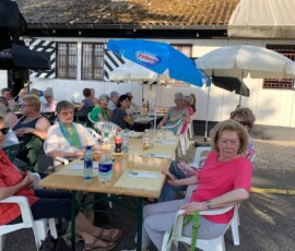 Group of elderly people sitting at a long outdoor table, chatting and eating under blue and white umbrellas at a sunny street-side gathering.