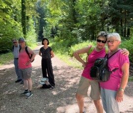 Five hikers stand on a sunlit forest trail, wearing backpacks and casual clothes near dense green trees on a dirt path.