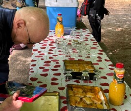 #image_title Outdoor picnic scene with a red-and-white patterned tablecloth, pastries in a metal box, glassware, and orange juice bottle; a blue cooler sits in the background while hikers with backpacks stand nearby.