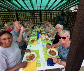 Group of adults dining together at a long outdoor table under a green translucent canopy, raising glasses in a toast with plates of food nearby.