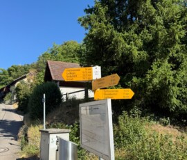 Yellow directional signpost with multiple arrows near a path, showing hiking times in a sunny rural setting with trees and a small building nearby.